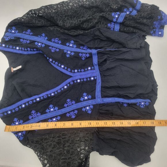 FREE PEOPLE Womens LARGE Shirt Blouse Boogie All Night Lace Black Blue - Picture 12 of 12